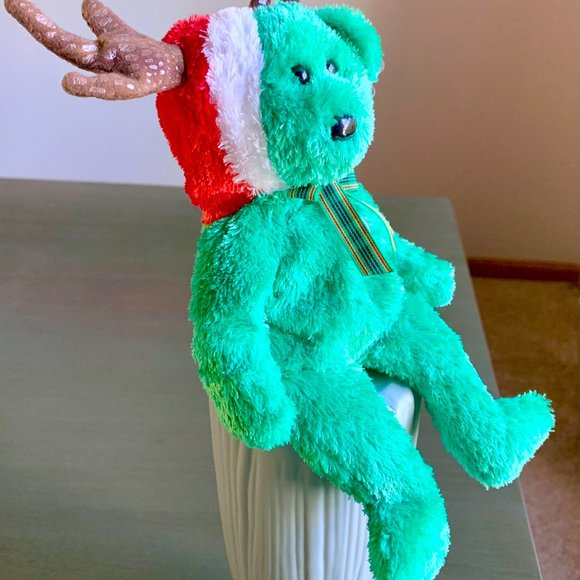 2002 4564 Green Holiday Teddy Bear Reindeer Hat Christmas Ty Beanie Baby MWMT - Picture 5 of 9